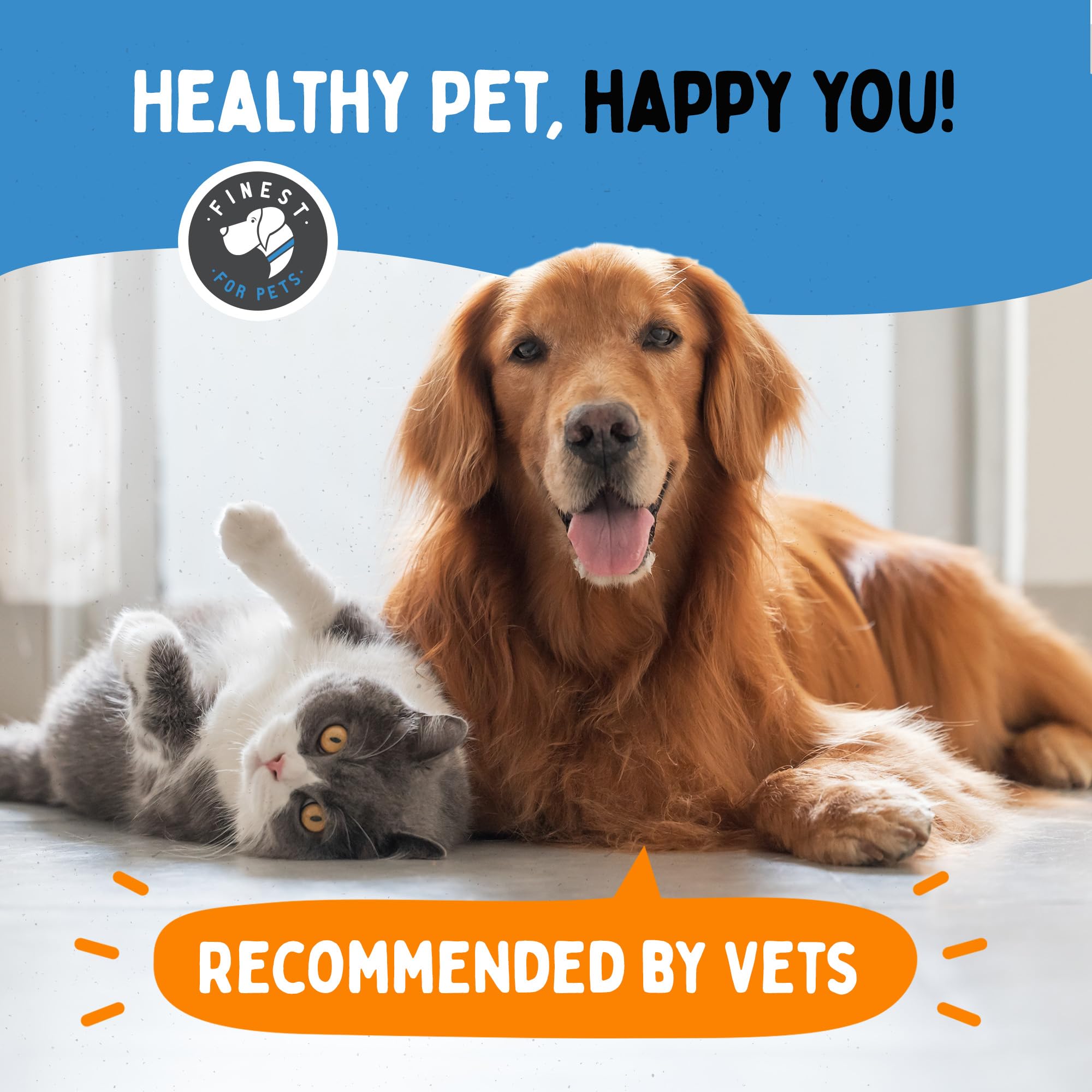 Finest For Pets Omegease bottle with pets in background suggesting daily use.