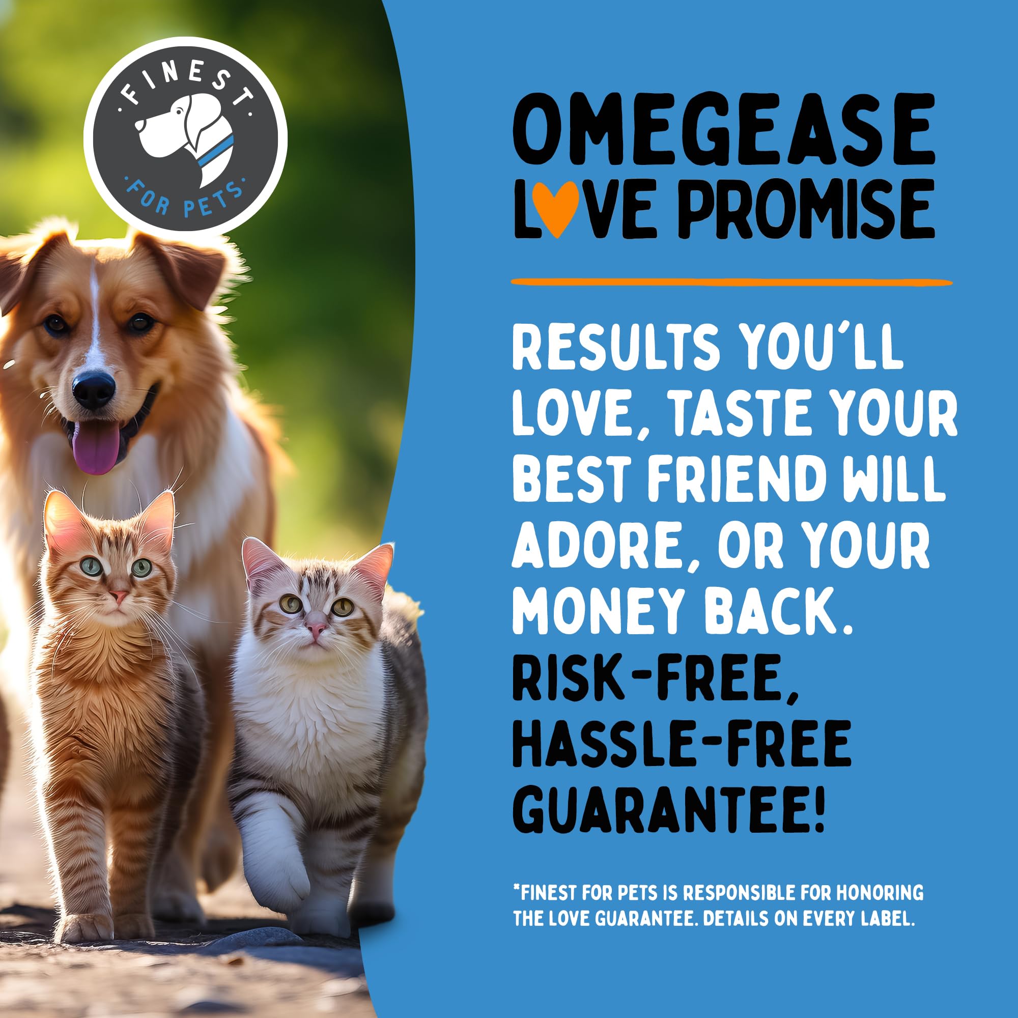 Finest For Pets Omegease glossy coat image implies skin and coat benefits.
