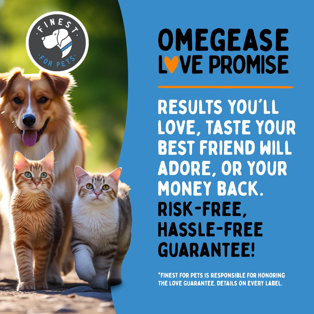 Finest For Pets Omegease glossy coat image implies skin and coat benefits.