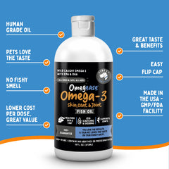 Finest For Pets Omegease label close-up highlights EPA and DHA content.