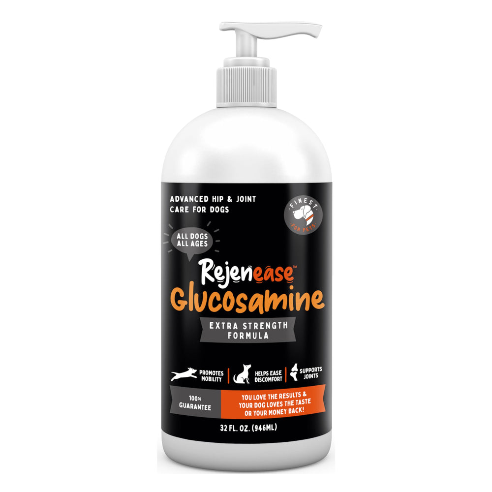 Finest For Pets Rejenease bottle pour enables easy dosing for dog joint support.