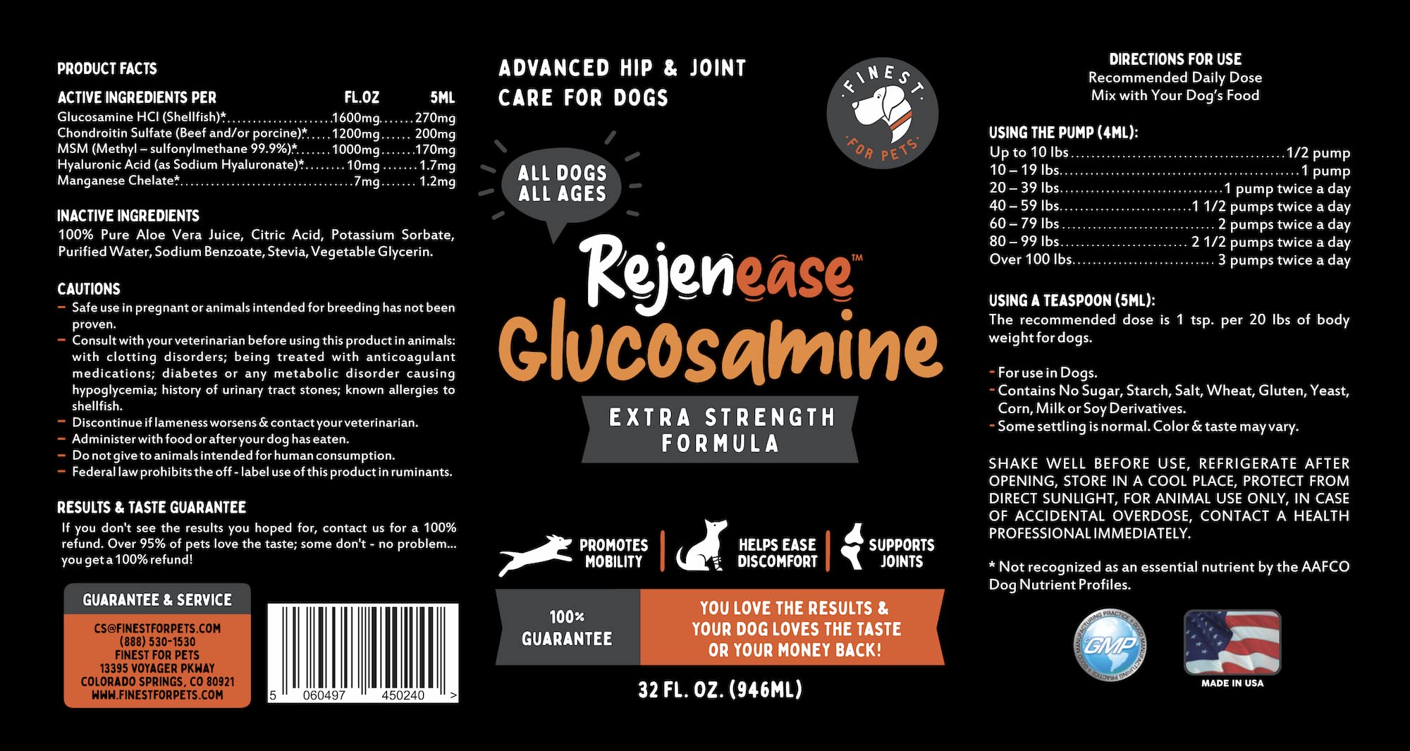 Finest For Pets Rejenease label-info communicates ingredients and usage basics.