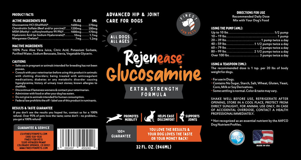Finest For Pets Rejenease label-info communicates ingredients and usage basics.