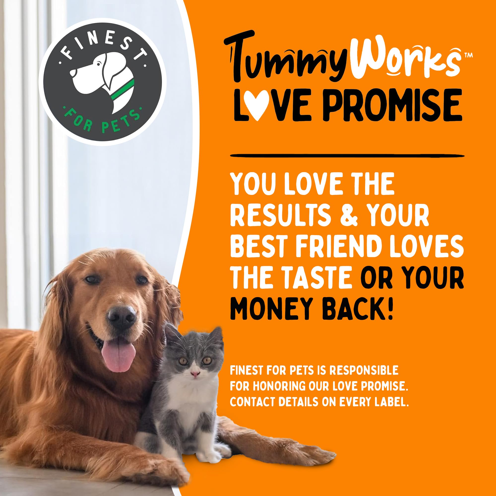 Finest For Pets TummyWorks feeding mix shown easily added to dog or cat meals.