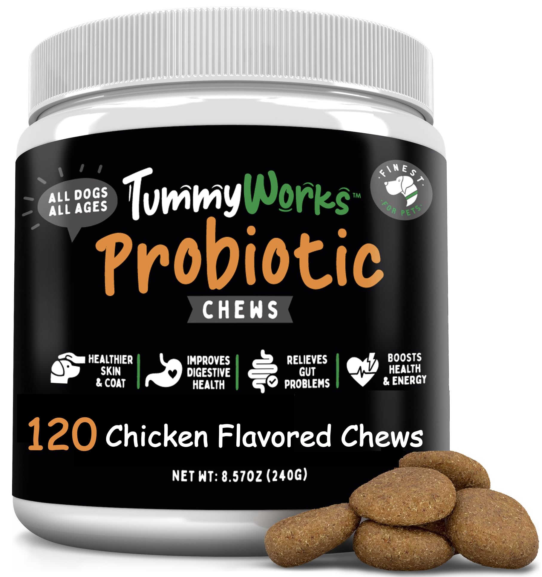 Finest For Pets TummyWorks probiotic soft chews dog bottle supports digestive health.
