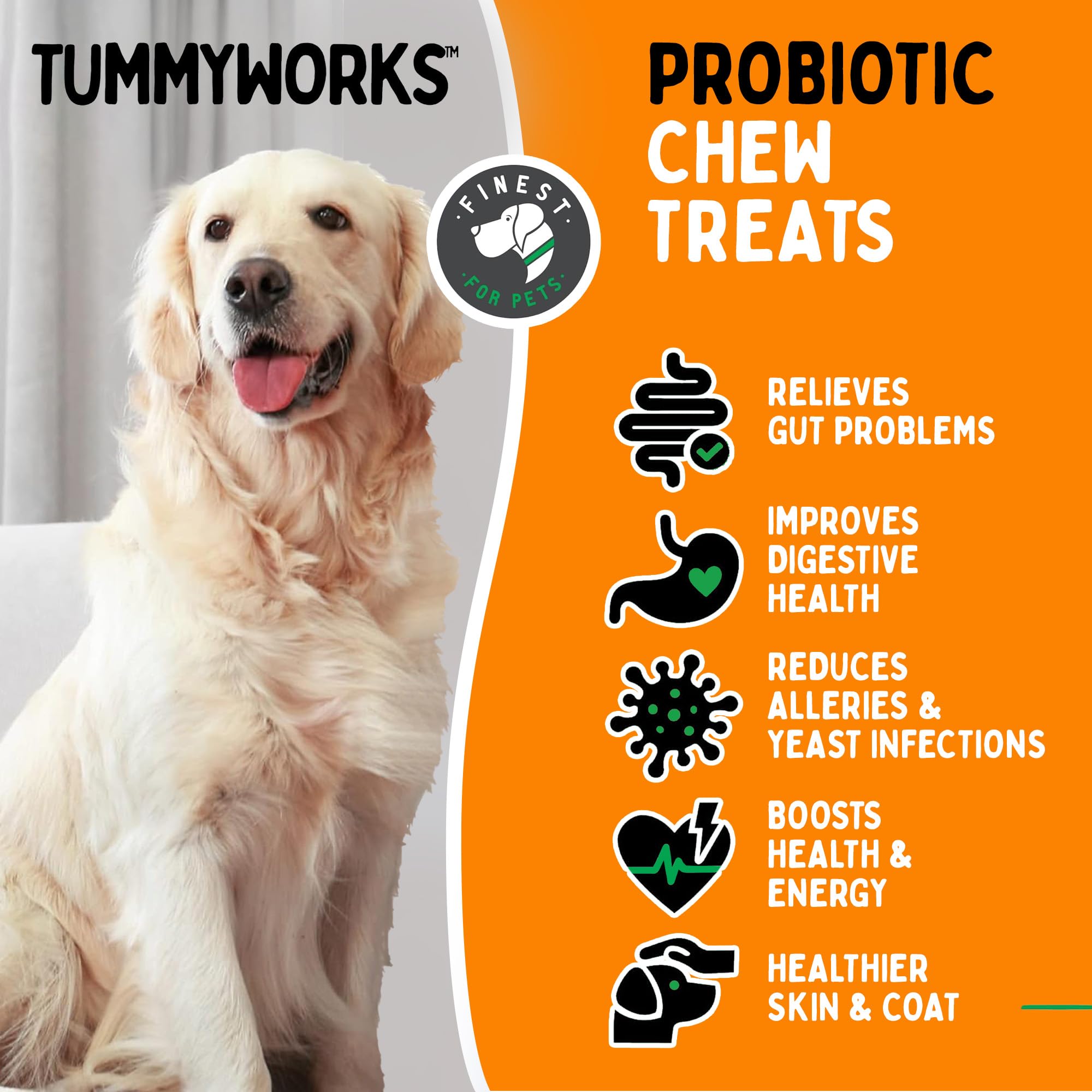Finest For Pets TummyWorks soft chews closeup shows tasty chicken flavor for easy dosing.