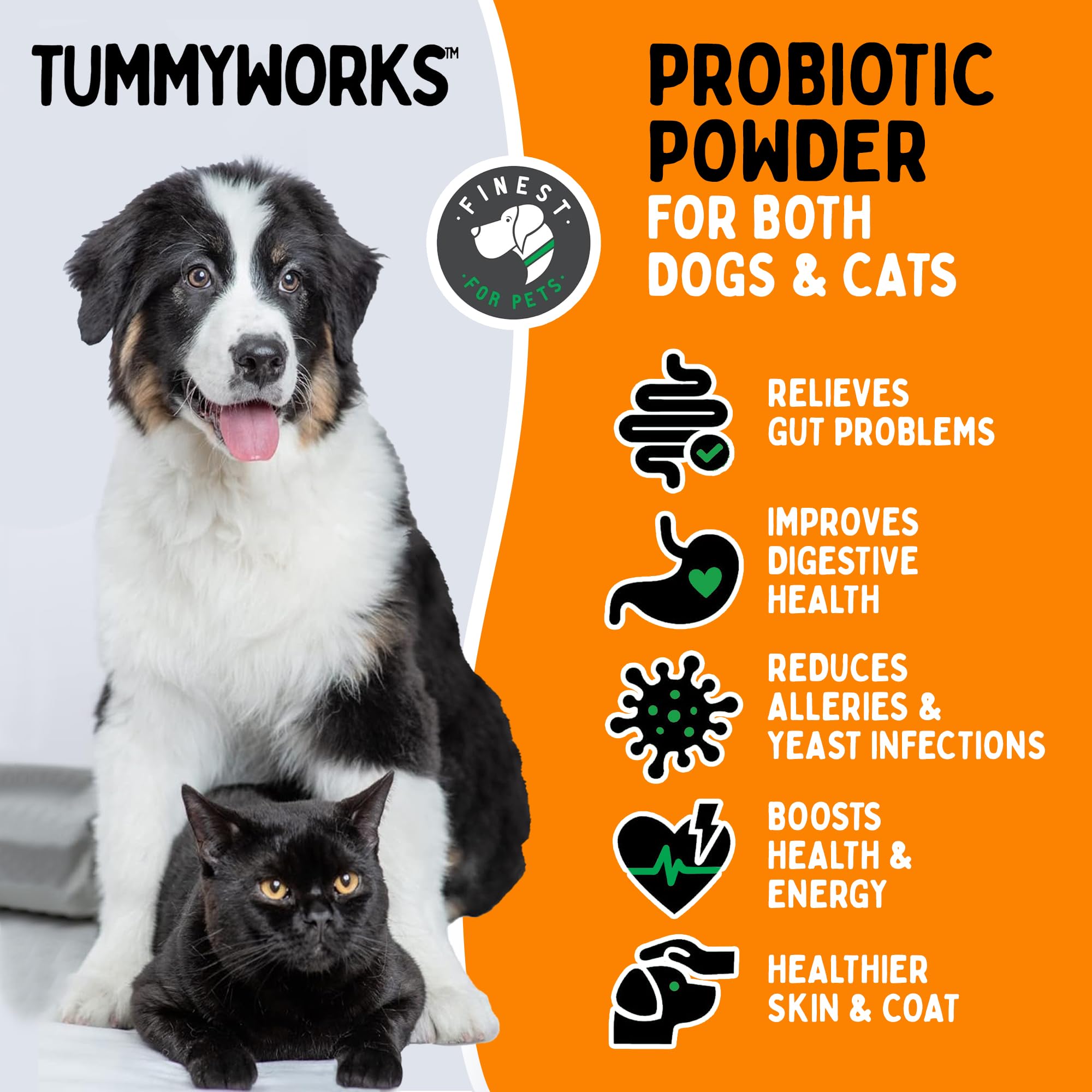 Finest For Pets TummyWorks tasteless powder blends into meals for easy administration.
