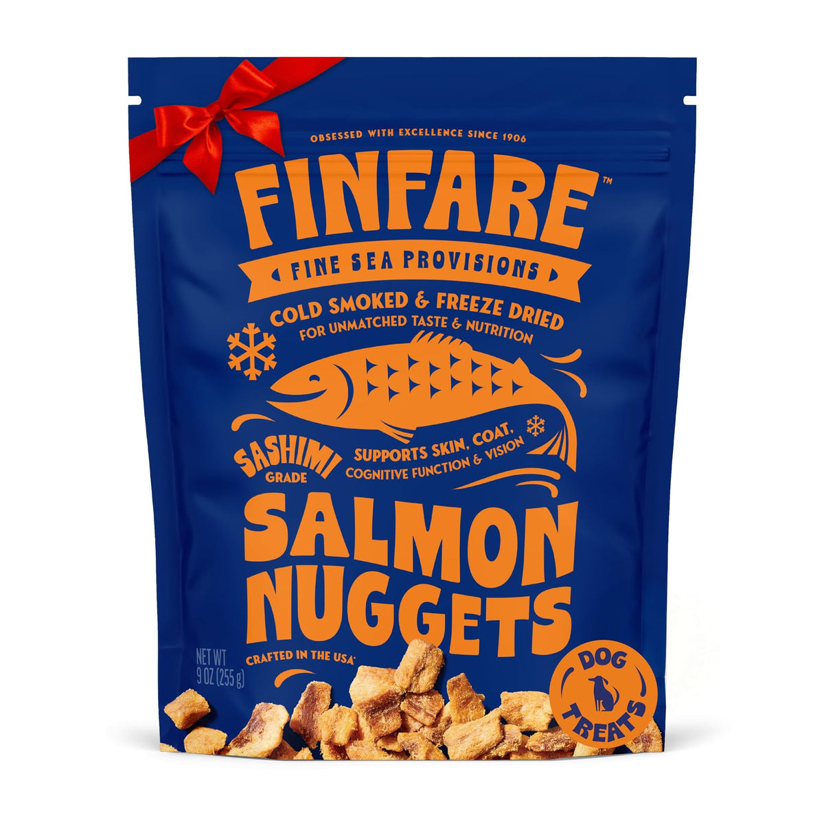 Finfare Freeze-Dried Salmon dog treats packshot, protein-rich nutrition for active dogs.