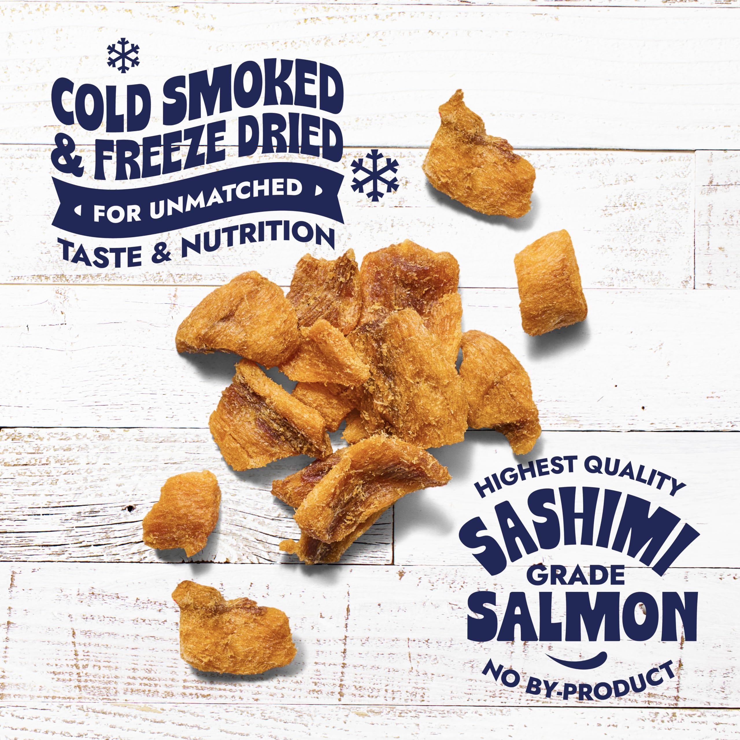 Finfare freeze-dried salmon nuggets texture closeup – crisp bite ideal for rewarding cats.