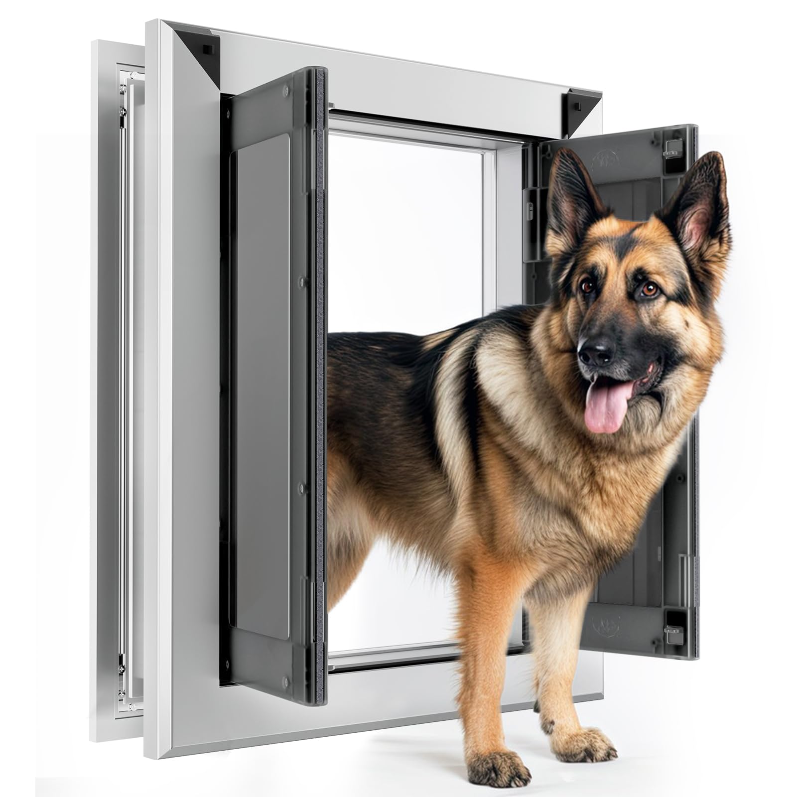 FingerPing aluminum large dog door installed on an exterior door enables easy pet access.