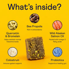 Finn Allergy & Itch bee propolis ingredient closeup signals antioxidant support for skin and immunity.