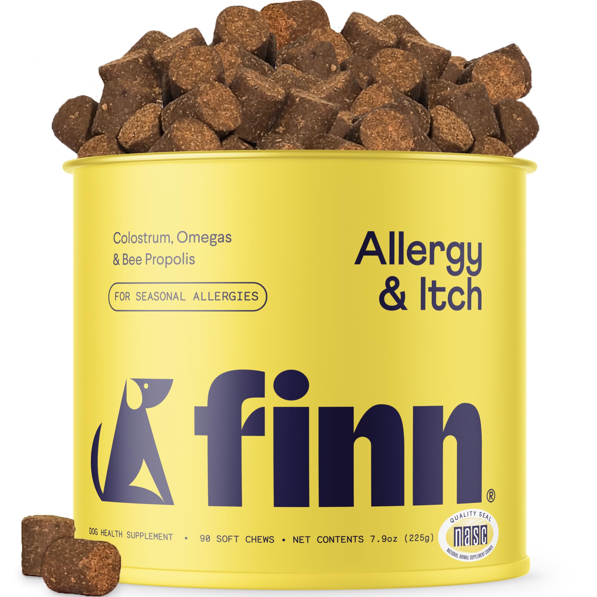 Finn Allergy & Itch for Dogs bottle label highlights immune support and seasonal care.