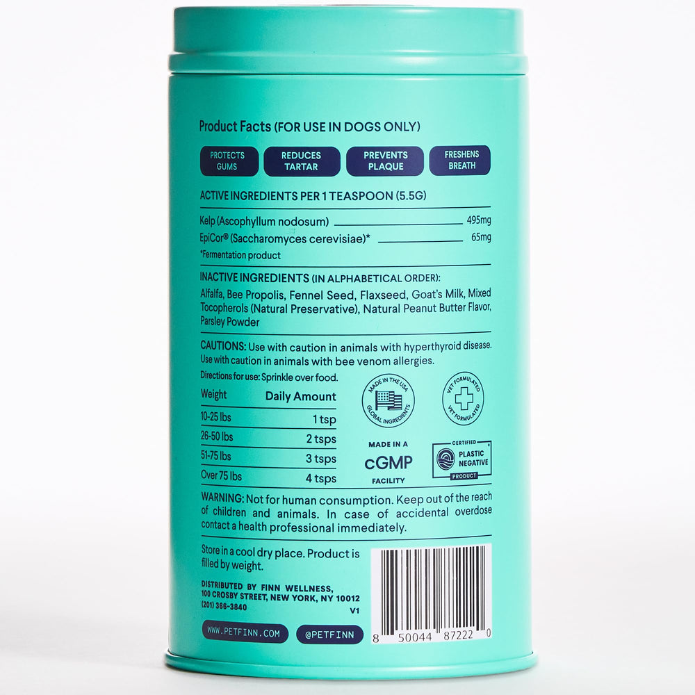 Finn Dental Powder for Dogs daily-use shot communicates routine-friendly dental support.