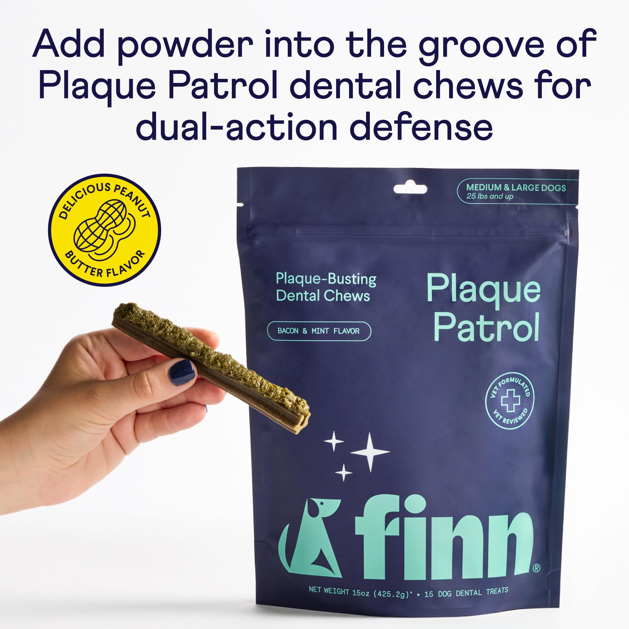 Finn Dental Powder for Dogs mixer image suggests easy blending with food.