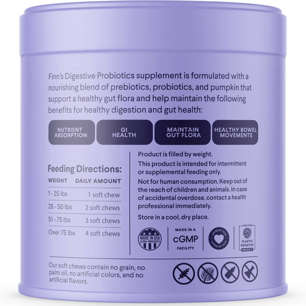 Finn Digestive Probiotics 6-strain formula bottle label emphasizes 3B CFU benefits.