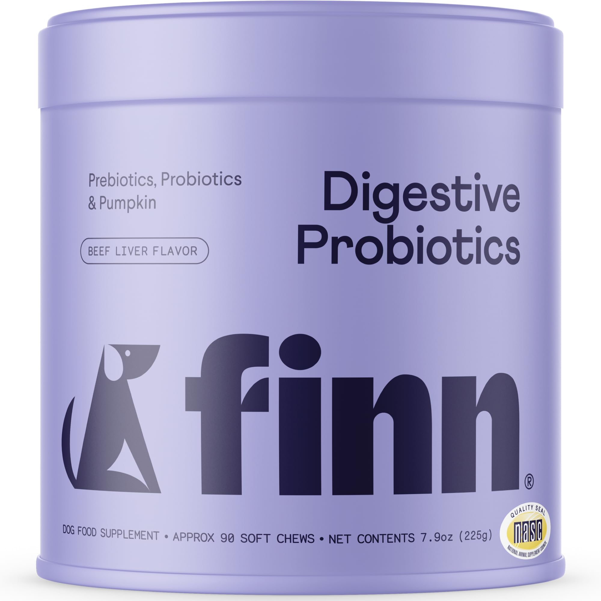 Finn Digestive Probiotics dog bottle front shows NASC seal and gut health support.