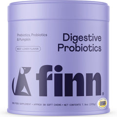 Finn Digestive Probiotics dog bottle front shows NASC seal and gut health support.