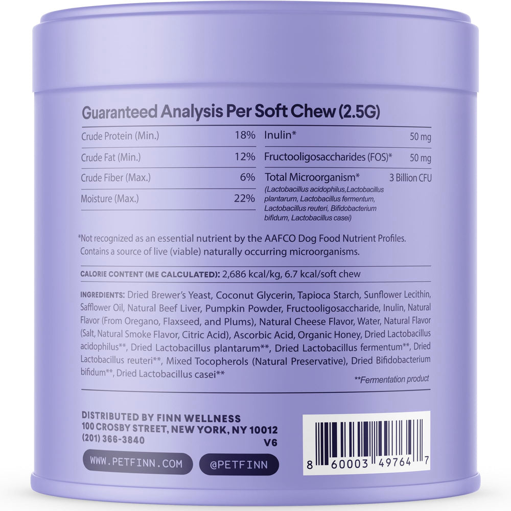 Finn Digestive Probiotics prebiotics bag side reveals Inulin and FOS to support microbiome.