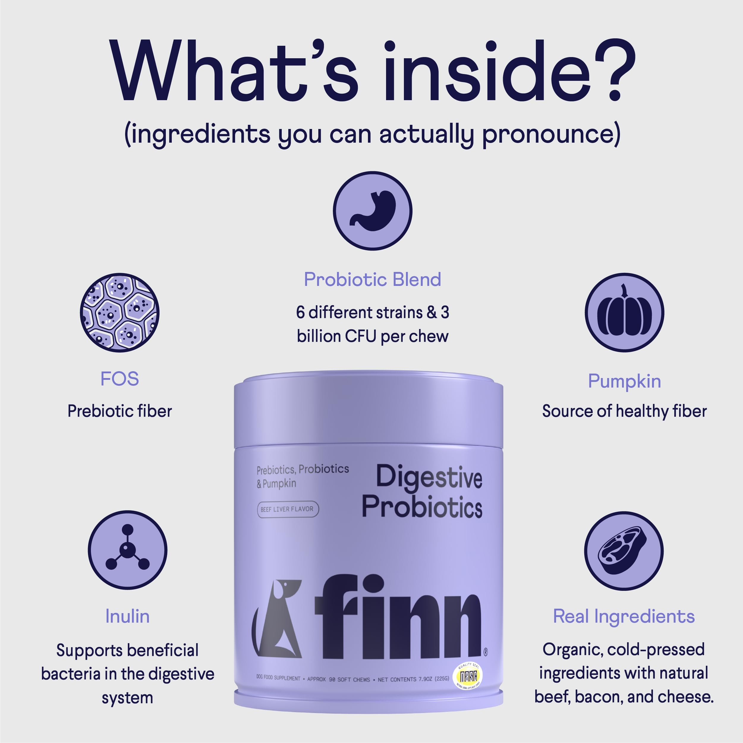 Finn Digestive Probiotics pumpkin fiber bag highlights fiber-rich ingredient for stool quality.