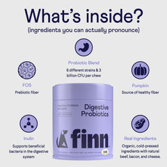 Finn Digestive Probiotics pumpkin fiber bag highlights fiber-rich ingredient for stool quality.