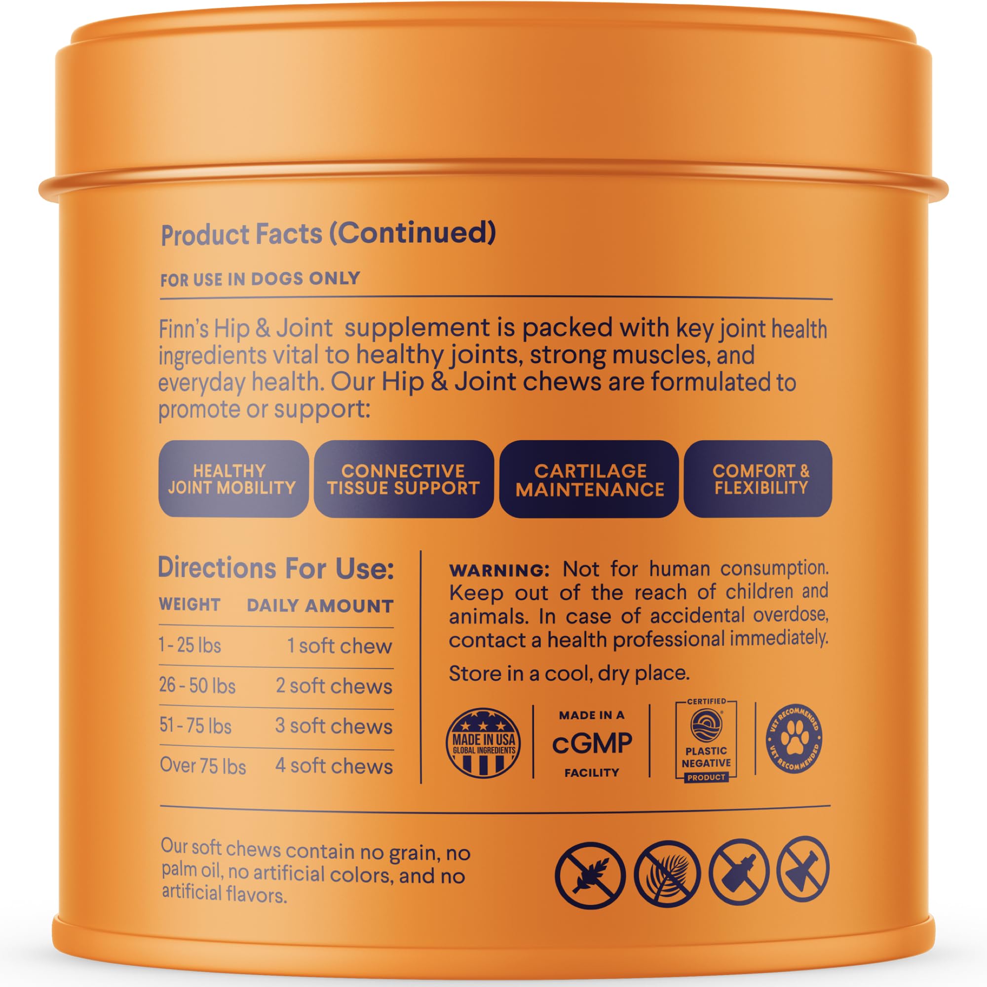 Finn glucosamine-chondroitin-msm dog chews closeup shows lubrication and comfort