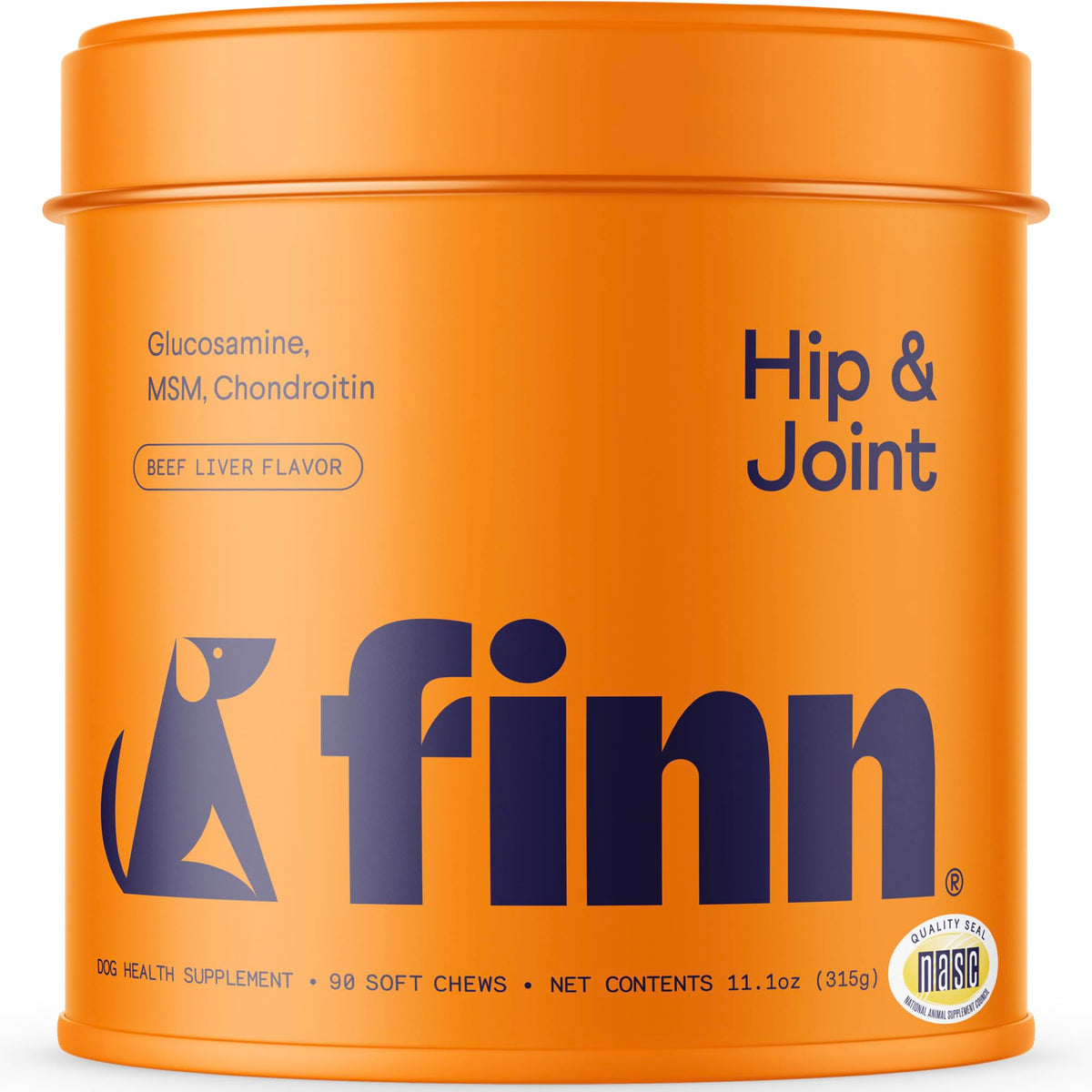 Finn hip-joint soft-chews bottle demonstrates daily mobility support for dogs