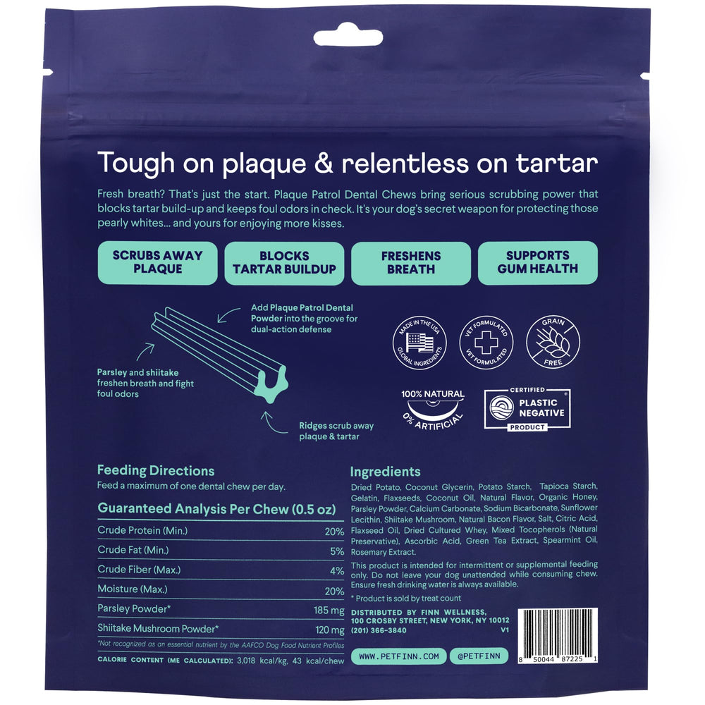 Finn Plaque Patrol closeup bacon-flavor chews promote tasty chewing and breath freshness.