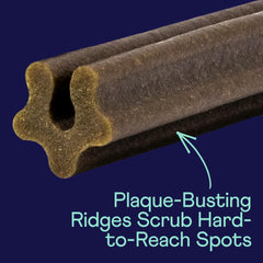 Finn Plaque Patrol chews shown while a dog enjoys a chewy bite for daily dental care.