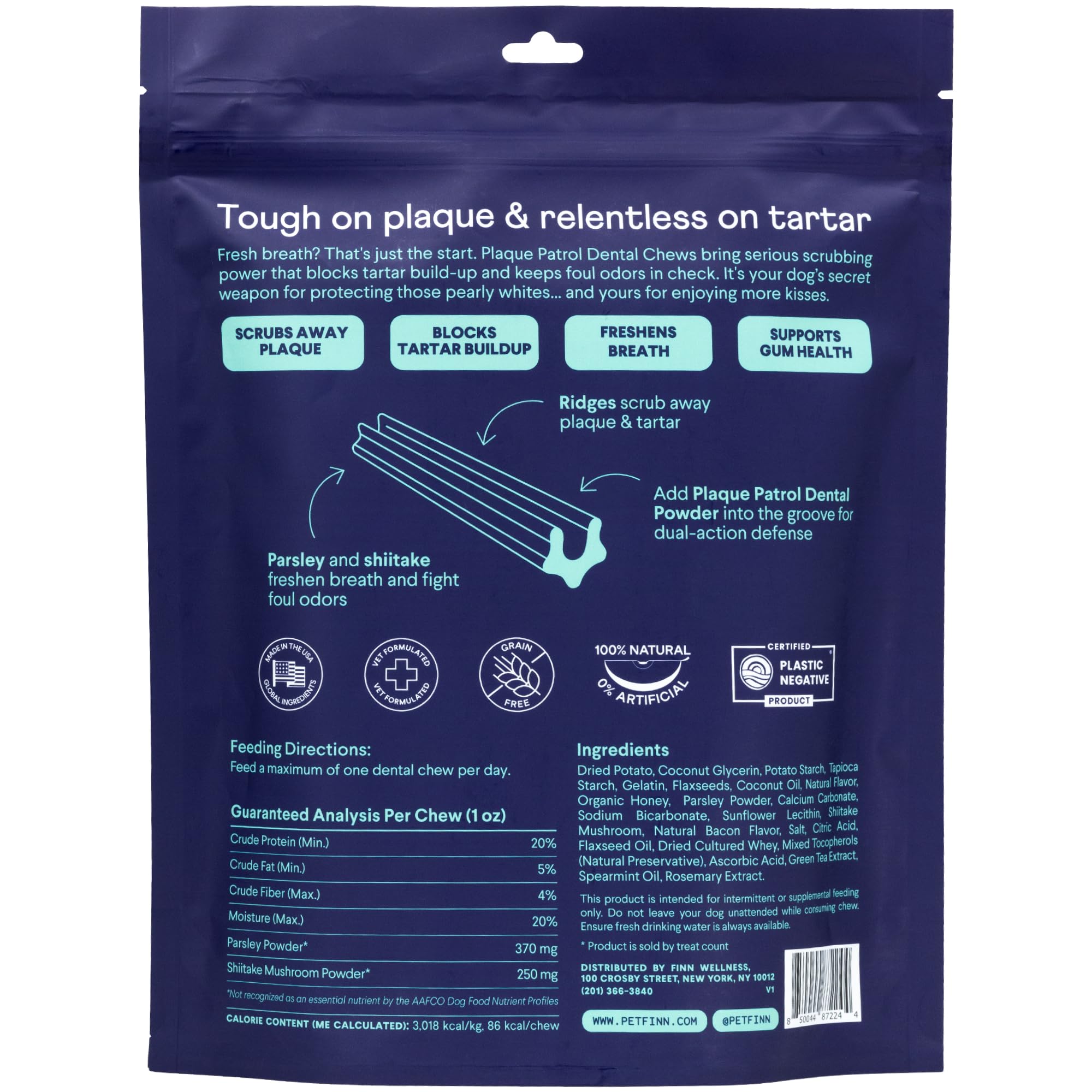 Finn Plaque Patrol dental chews in action fighting tartar buildup and promoting cleaner teeth.