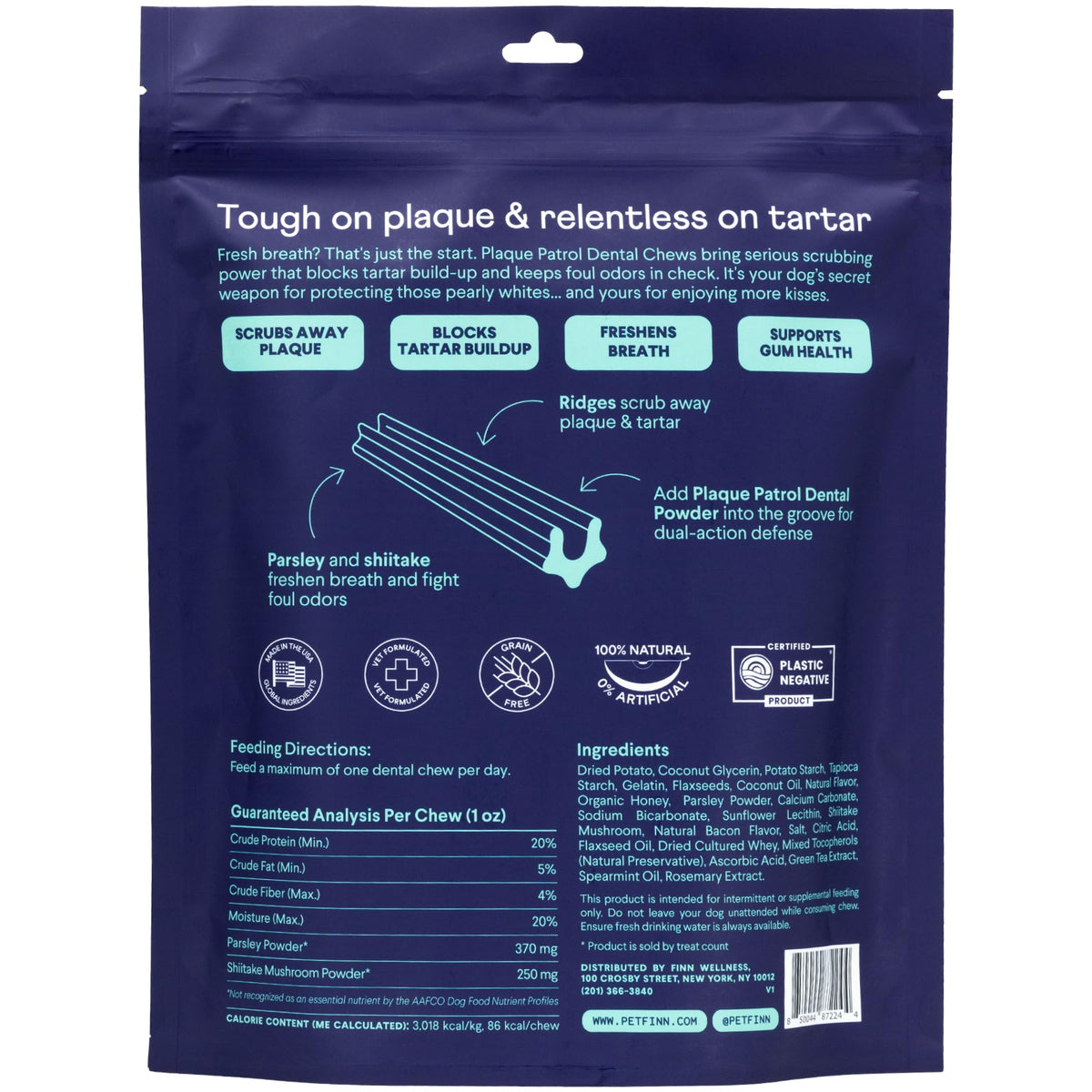 Finn Plaque Patrol dental chews in action fighting tartar buildup and promoting cleaner teeth.