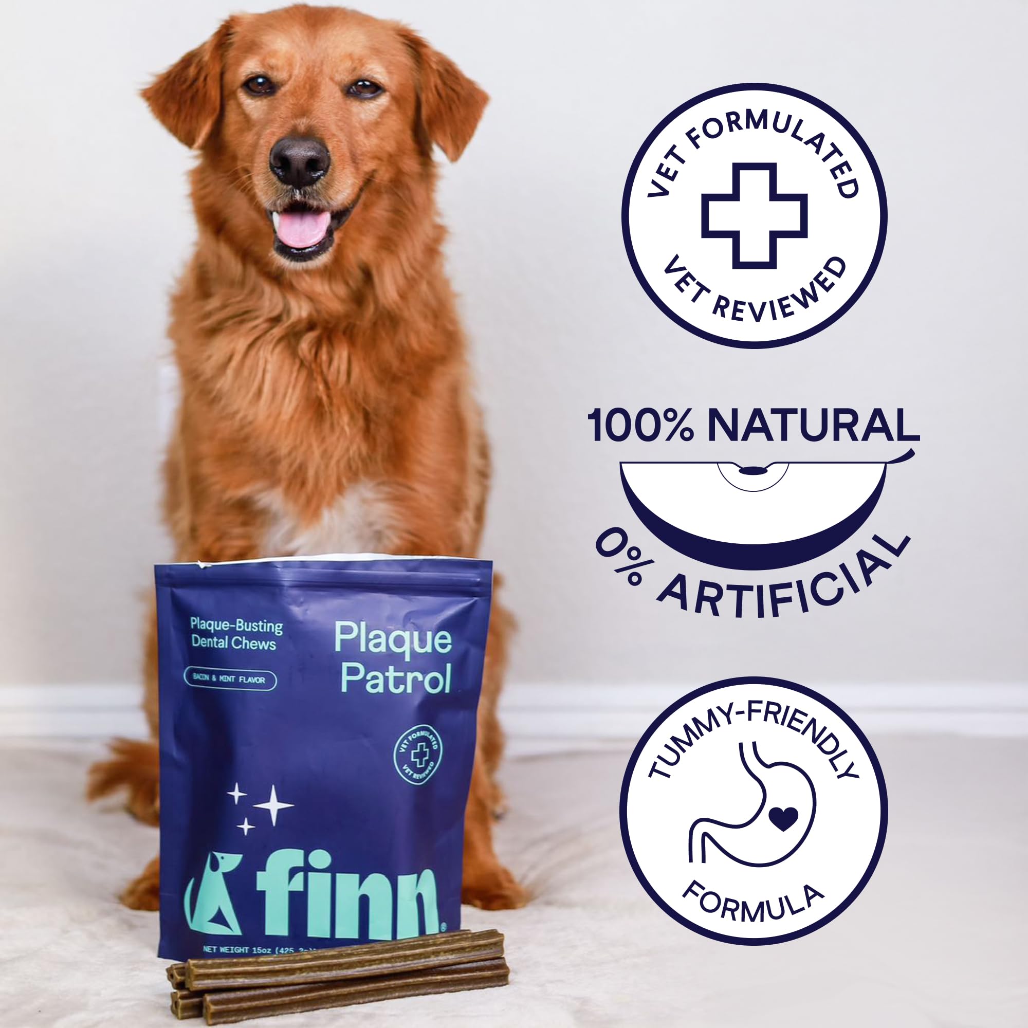 Finn Plaque Patrol dental powder bottle pictured as an optional pairing for extra cleaning power.