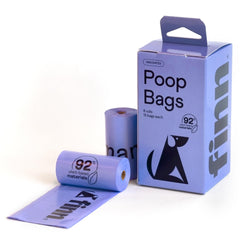 Finn plant-based materials poop bag highlights eco-friendly dog waste disposal option.