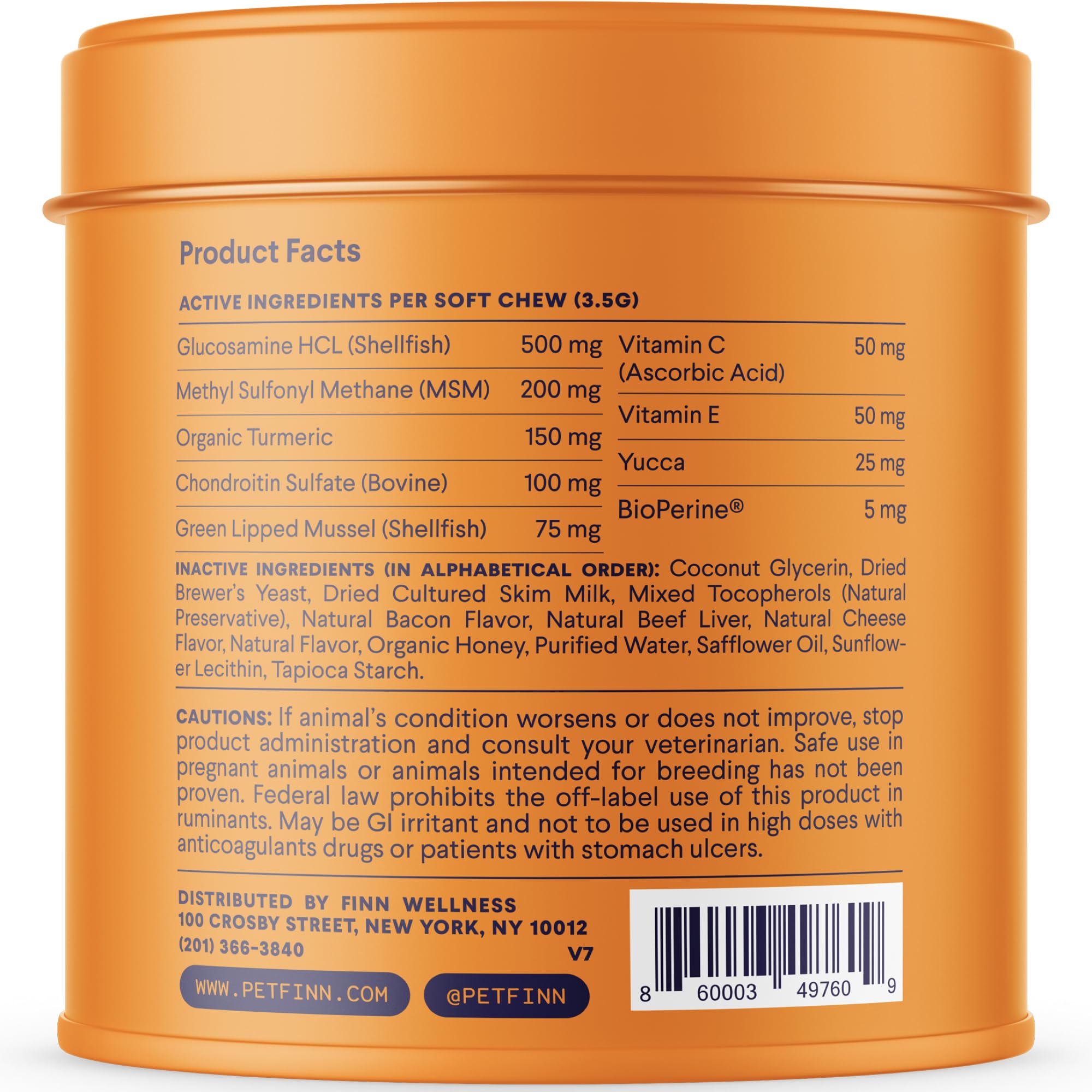 Finn turmeric-greenlip-mussel dog supplement imagery emphasizes mobility and tissue health