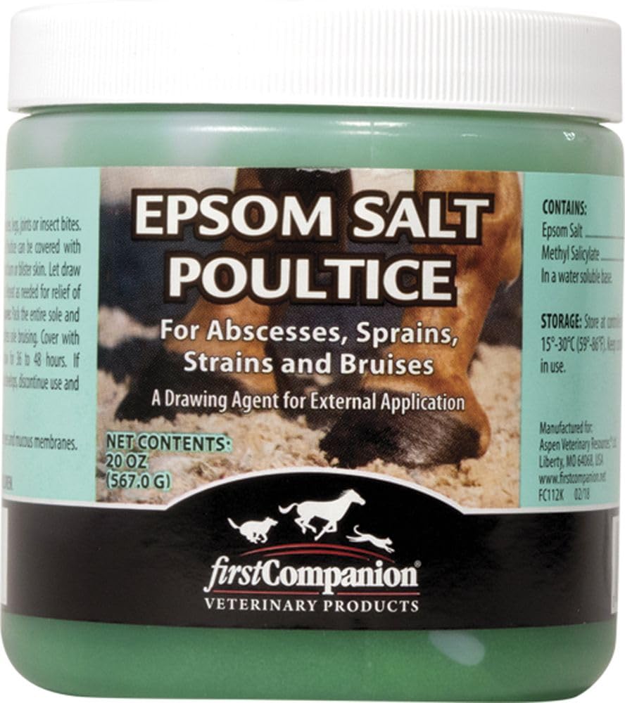 First Companion Epsom Salt Horse Poultice gel application eases sore joints and tired muscles.