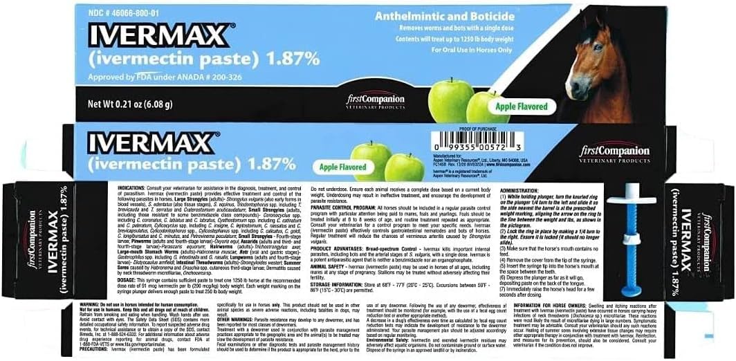 First Companion Ivermax paste bottle closeup highlighting broad-spectrum parasite control