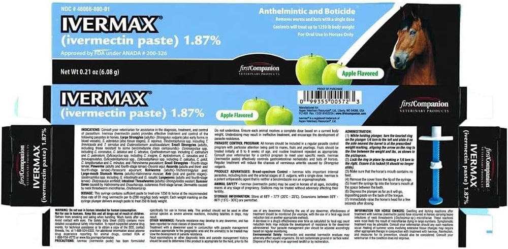 First Companion Ivermax paste bottle closeup highlighting broad-spectrum parasite control