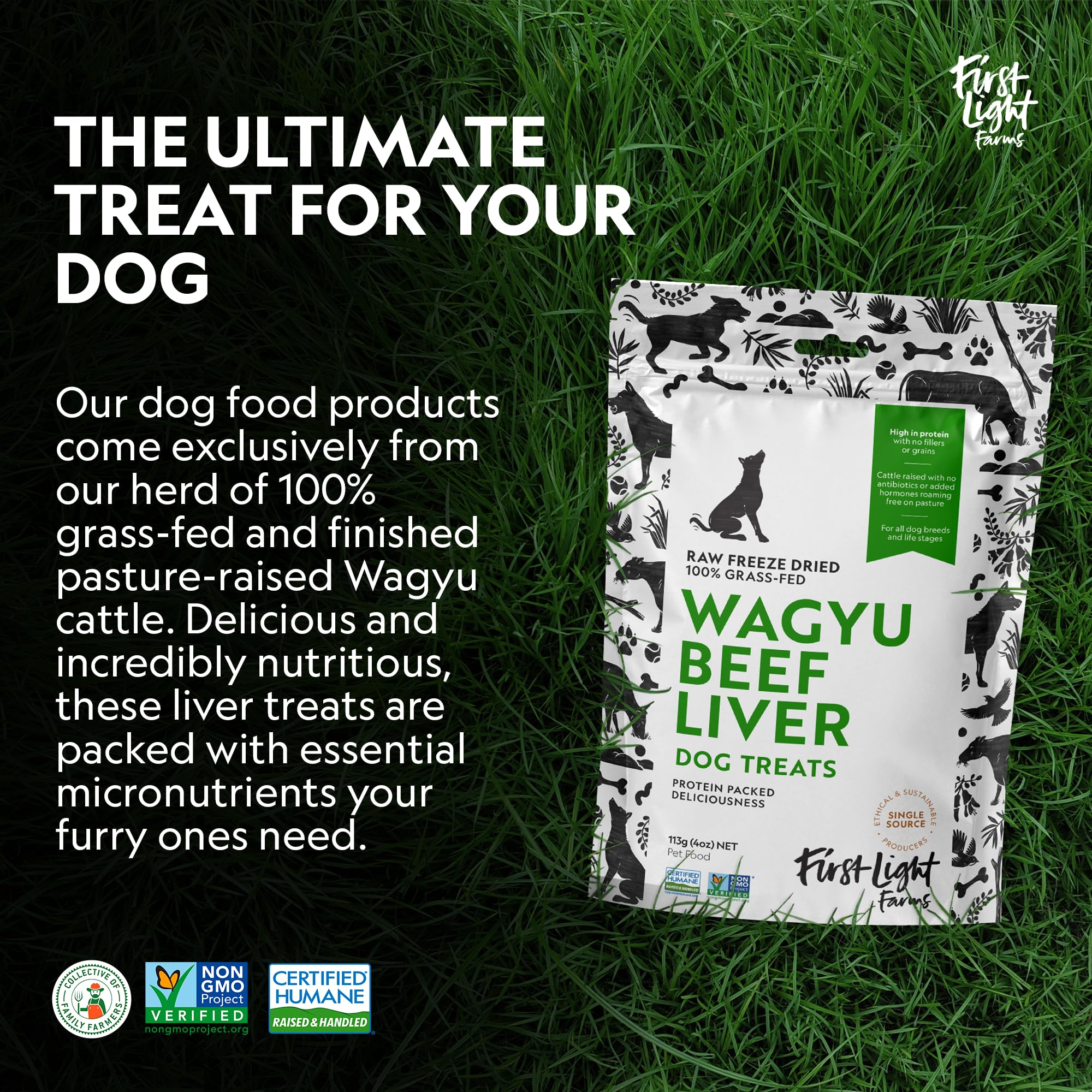 First Light Grass-Fed Wagyu Liver Treats packaging communicates humane sourcing and pasture-raised quality.