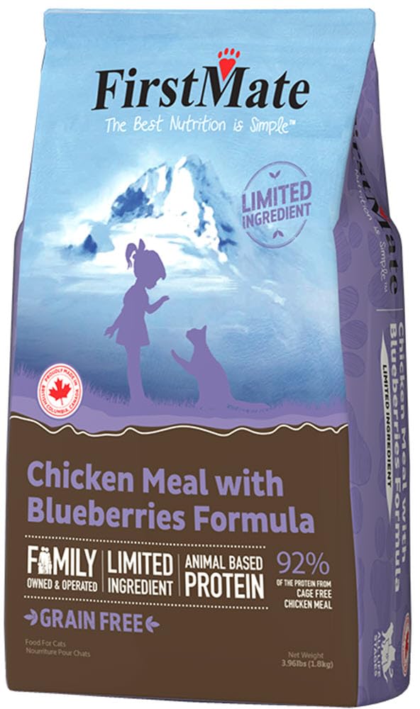 FirstMate grain-free chicken meal with blueberries dinner bag highlighting single-protein support for sensitive cats