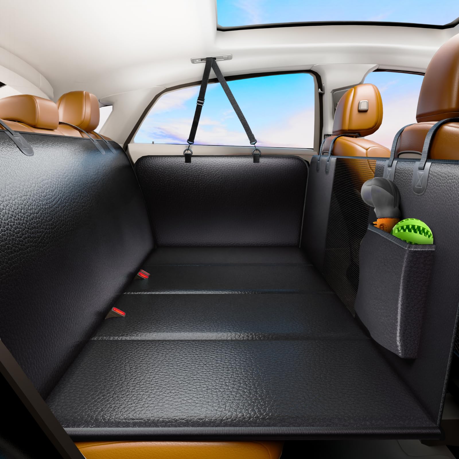 FIRSTWELL back seat extender on PU leather cover keeps dogs secure during travel.