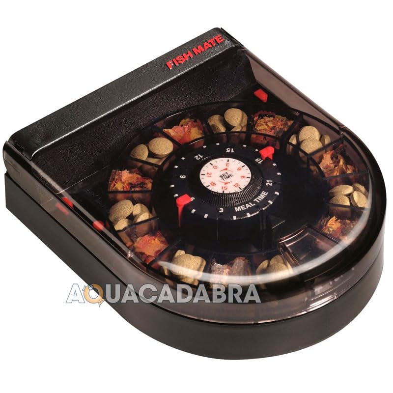 Fish Mate F14 feeds flakes, pellets, and sticks for versatile feeding.