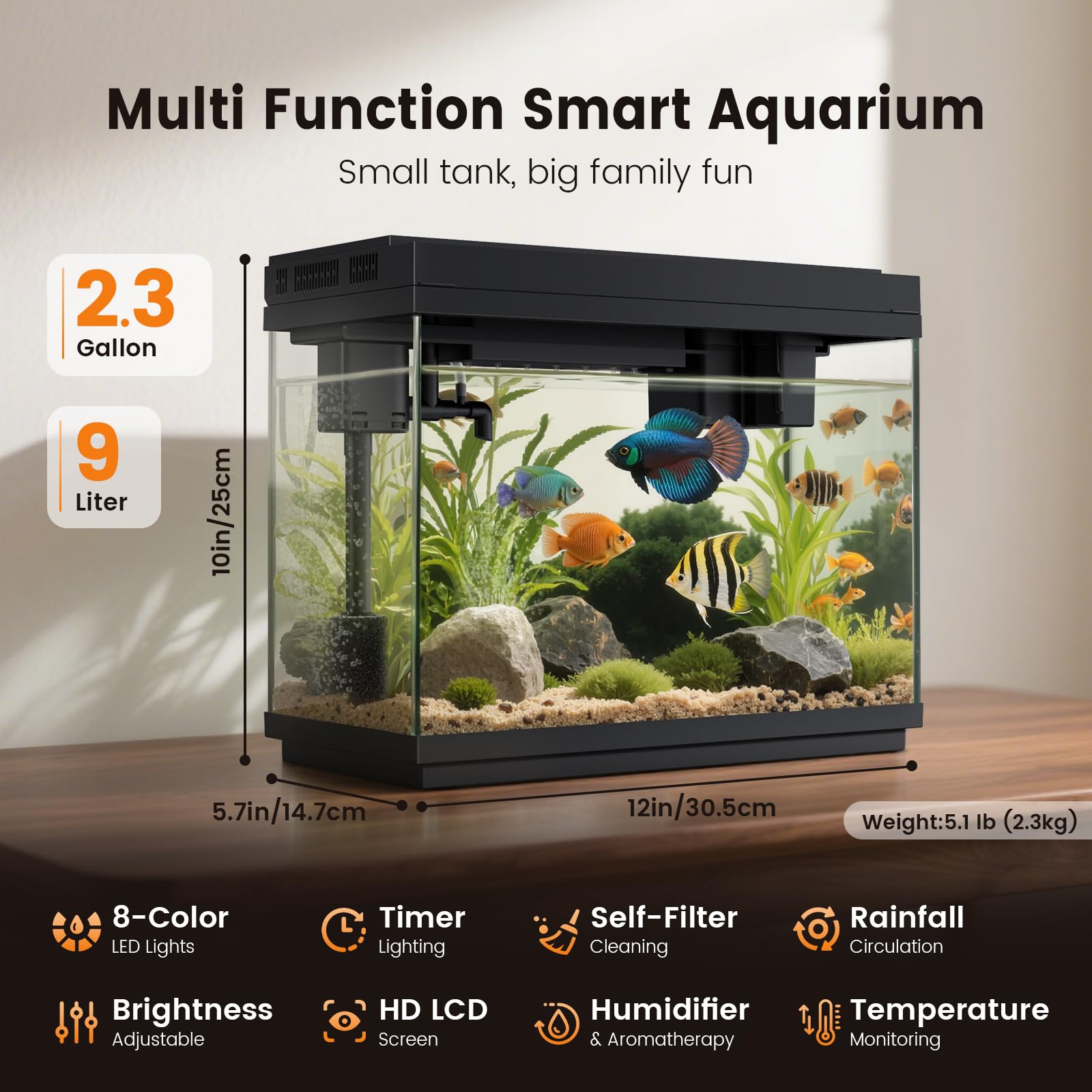 Fishkeeper 2.3G smart aquarium with LED lighting showing color options for mood