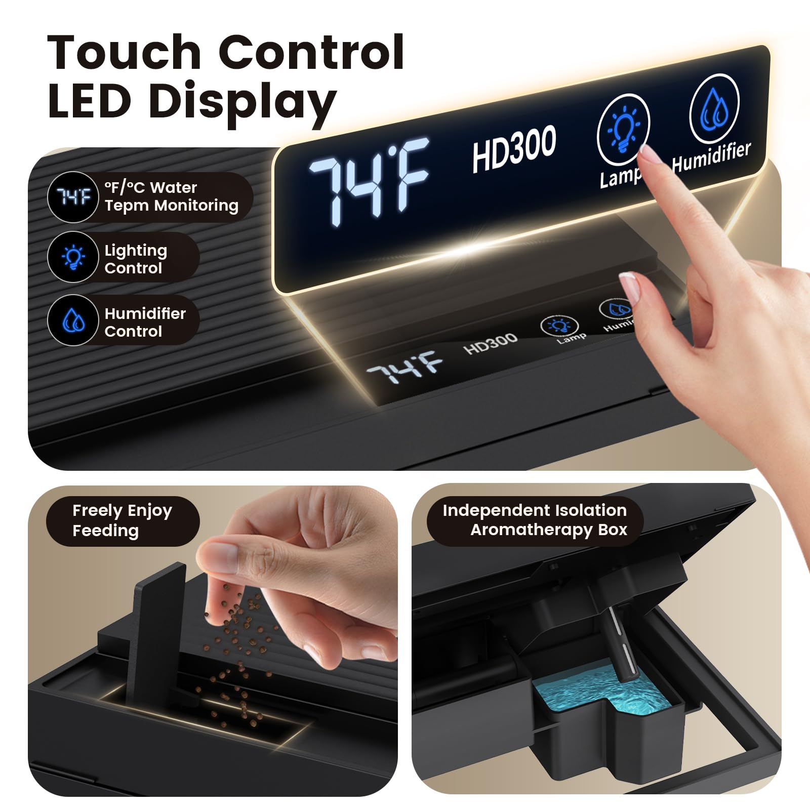 Fishkeeper 2.3G smart aquarium touch control display showing temperature and controls