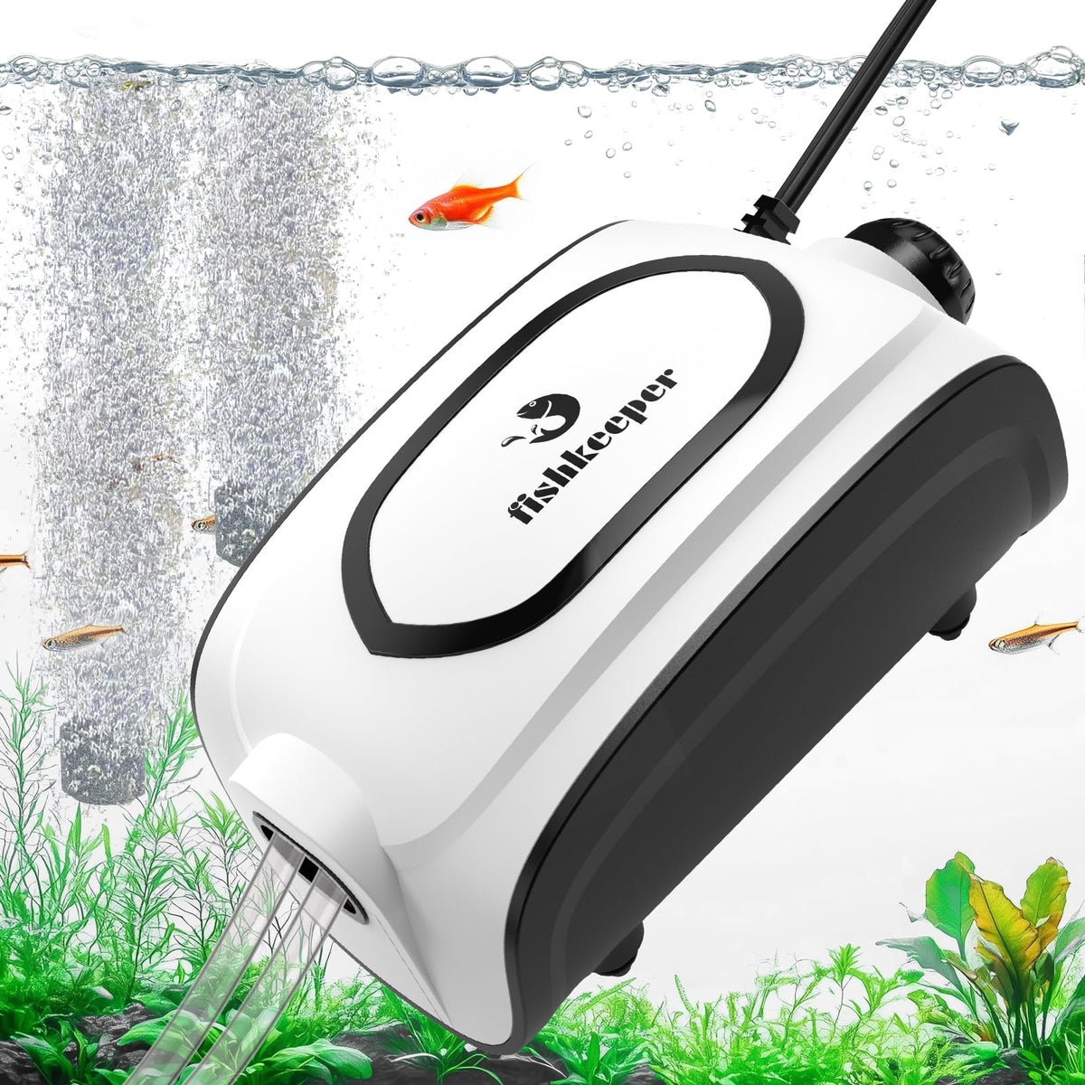 Fishkeeper 5W 90GPH air-pump front view highlighting compact space-saving design