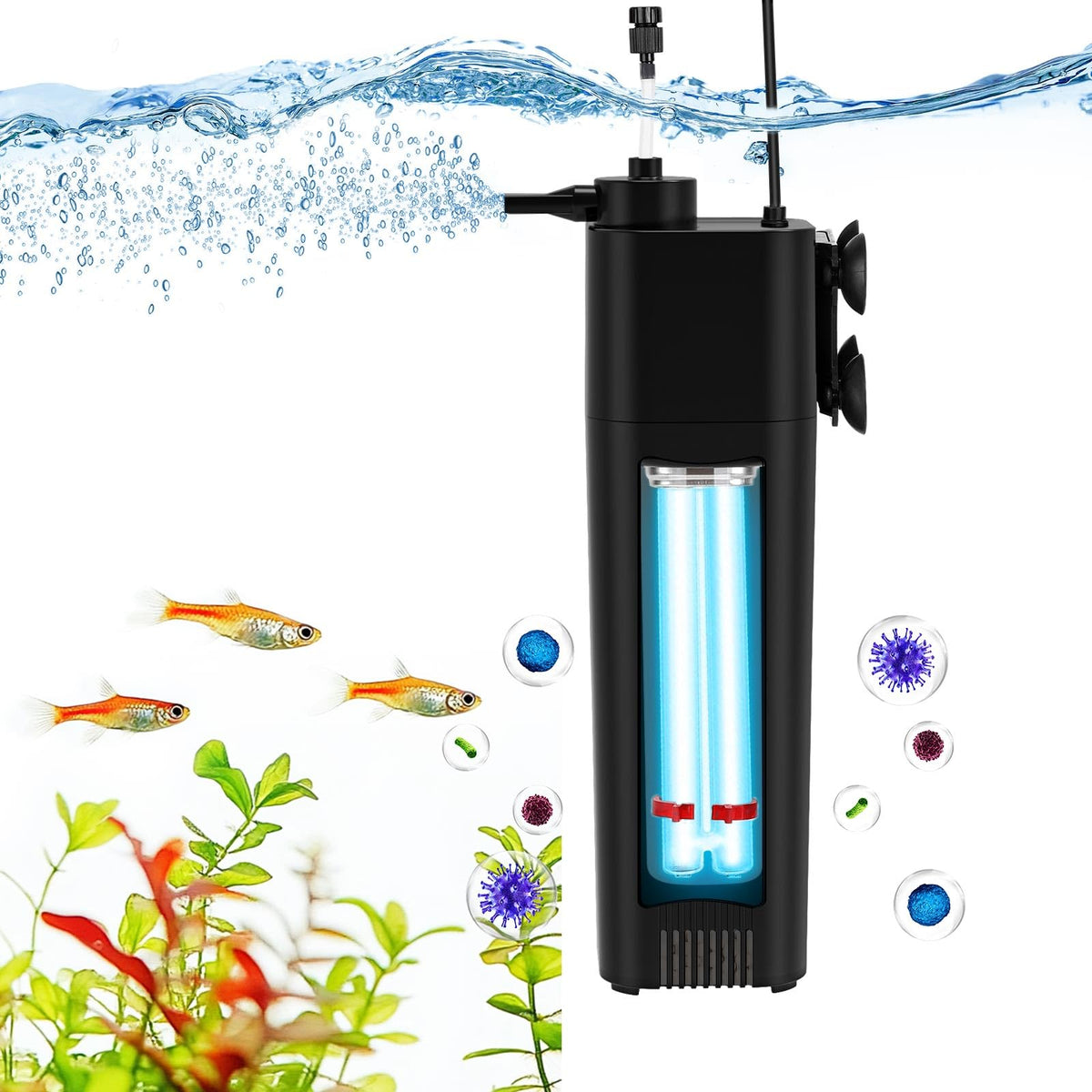 The fishkeeper aquarium filter UV-172gph-in-action promotes clear water and steady flow.