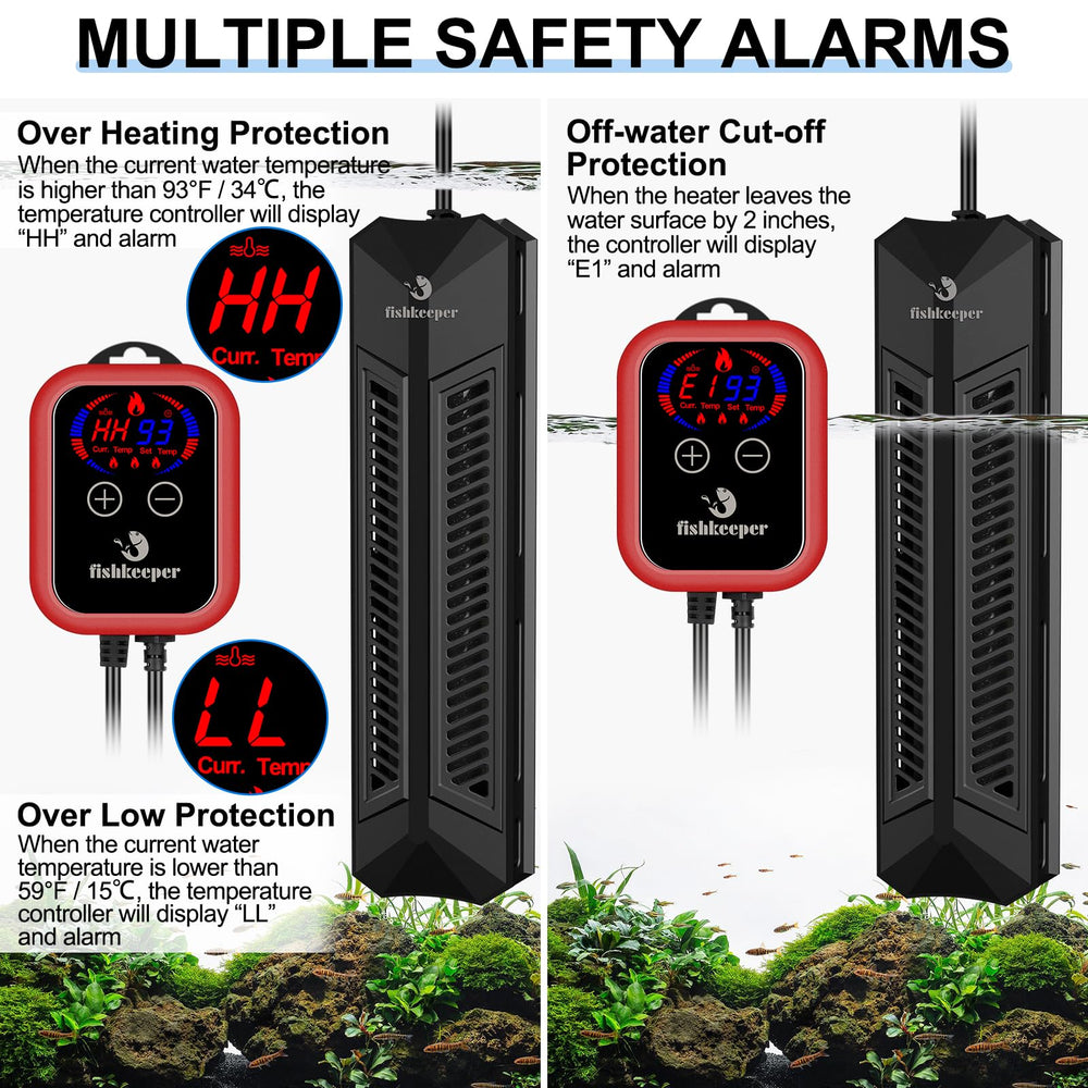 fishkeeper Aquarium Heater highlights safety protections such as over-temperature and dry-burn prevention.