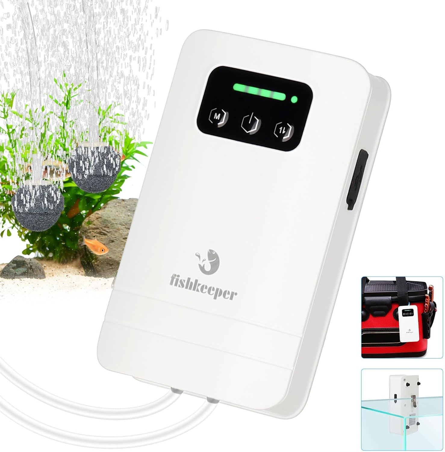 fishkeeper Battery Powered Aquarium Air Pump front view highlights compact design for 5-125 gallon tanks