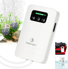 fishkeeper Battery Powered Aquarium Air Pump front view highlights compact design for 5-125 gallon tanks