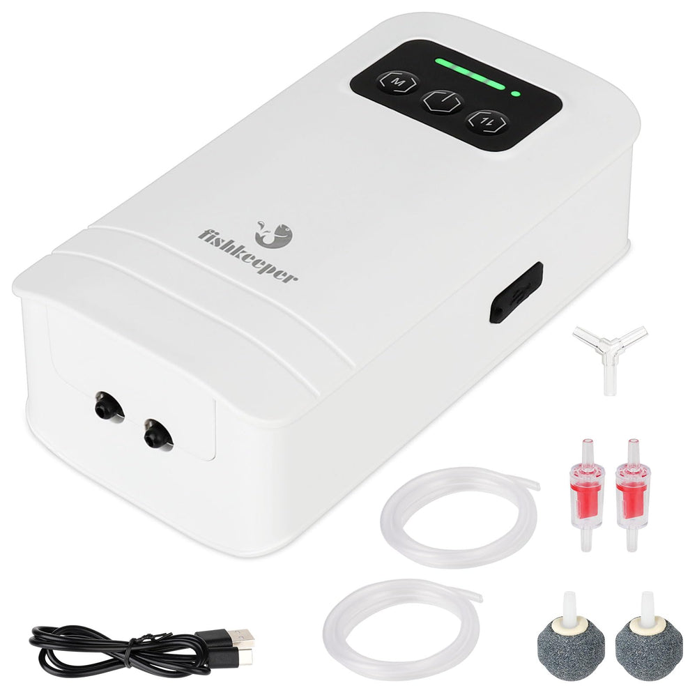 fishkeeper battery powered aquarium air pump packaging shows portable setup