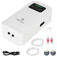 fishkeeper battery powered aquarium air pump packaging shows portable setup