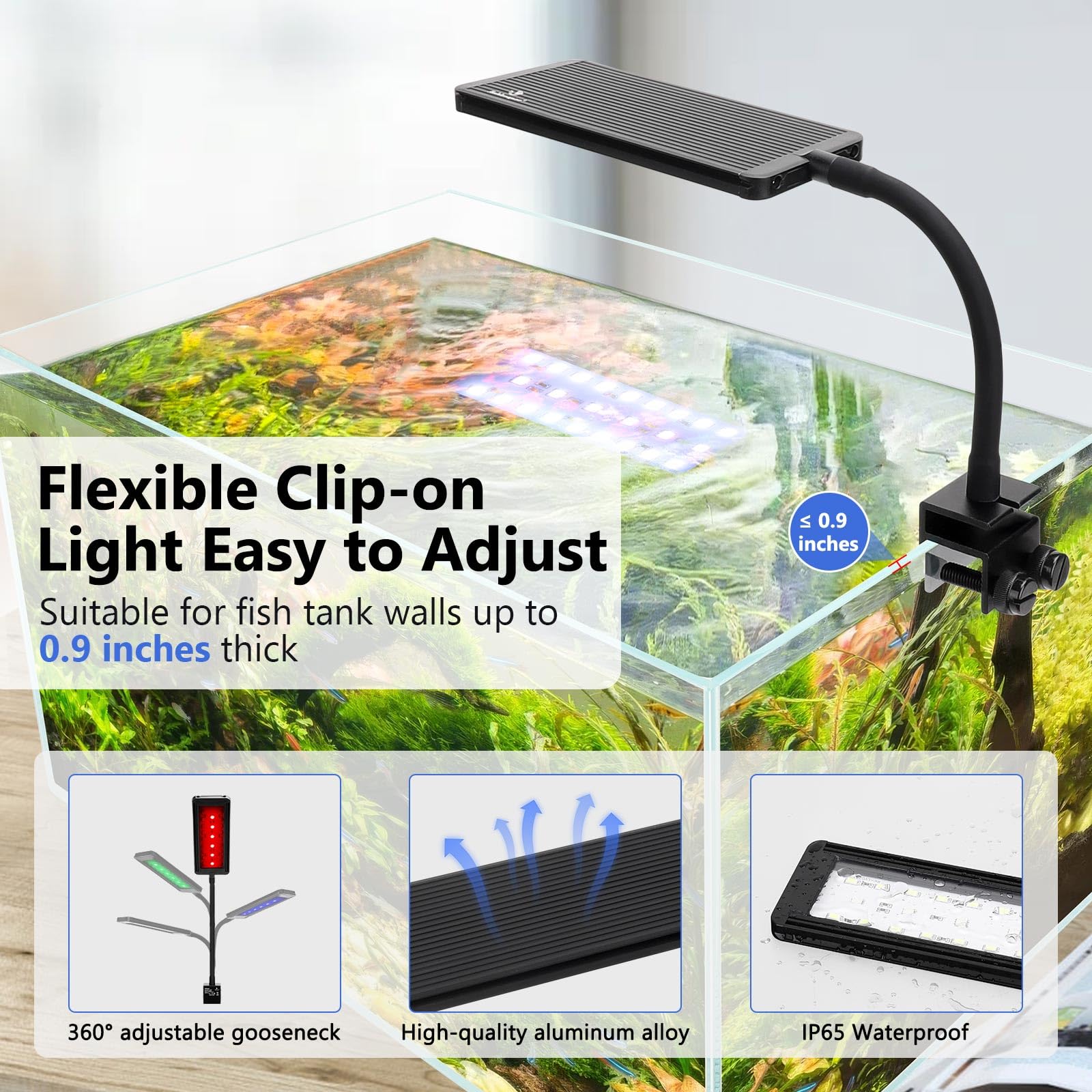 Fishkeeper clip highlights aluminum alloy clip and sturdy mount.